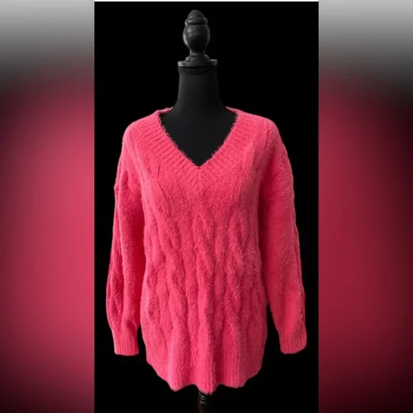 Lucky Brand: Pink Fuzzy Cable Knit V Necklace Sweater - Picture 13 of 17
